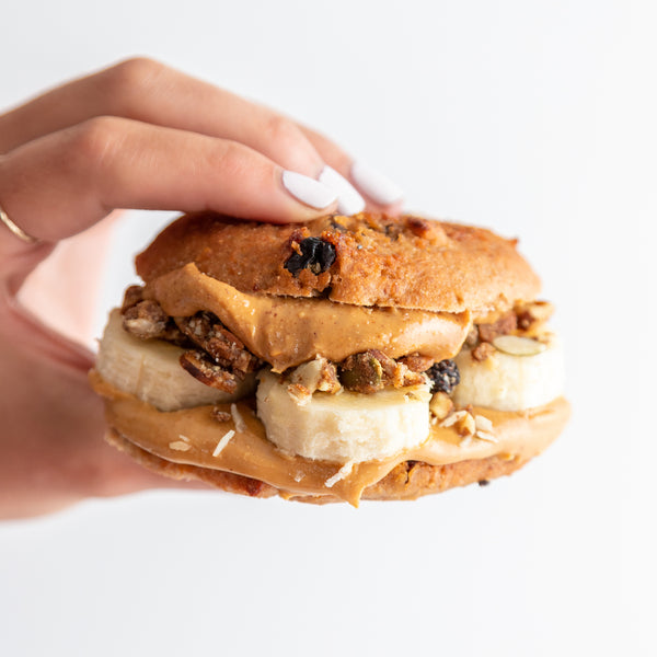 Peanut Butter, Banana, & Granola Pagel Sandwich - Bedrock Bakers