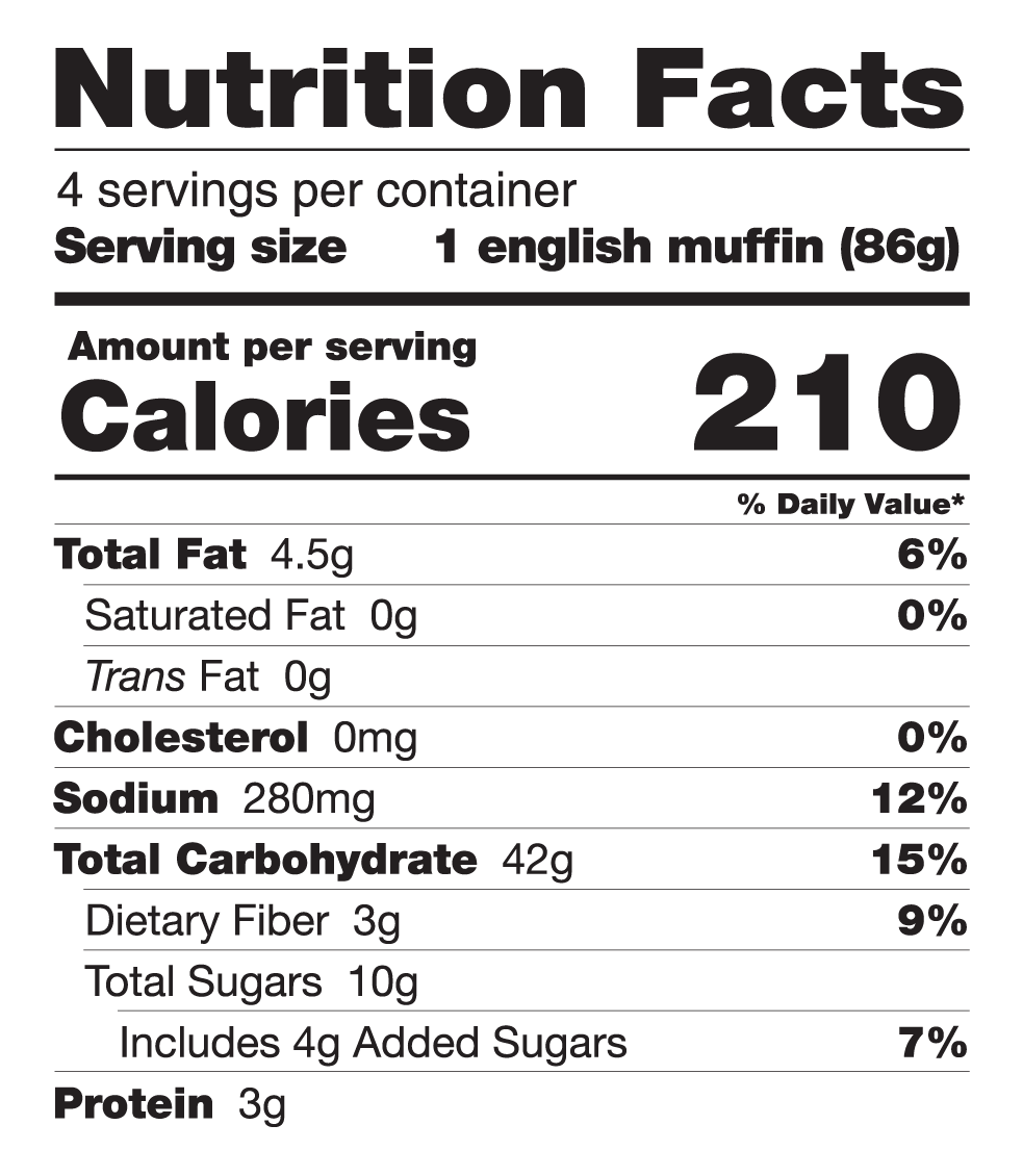 Nutrition Facts for Cinnamon Raisin Allergen Friendly English Muffins 4/Pack